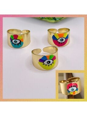 Boho Evil Eye Enamel and Copper Adjustable Ring #1300 PINK MULTI